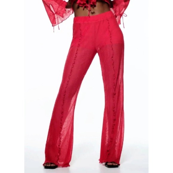 Zara Women's Small Pink Pants Pleated Ruffled Flare Elastic Waistband BOHO - Picture 2 of 12